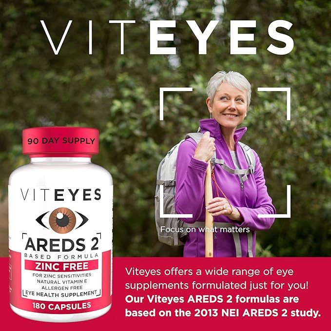 Viteyes AREDS 2 Zinc Free Macular Support, Natural Allergen Free Capsules with Vitamin E, Vitamin C, Lutein & Zeaxanthin, No Zinc, No Copper, Eye Doctor Trusted, Manufactured in The USA, 180 Ct