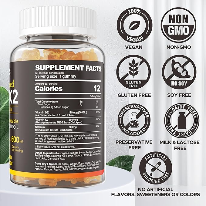 Vitamin D3 5000iu & K2( as MK7 ) 200mcg Gummies + 600mg Calcium, with Coconut Oil for High Absorption, Maximum Strength Vitamin D3 K2 Supplement - Support for Bones Muscle Teeth Immune, Vegan 60 Count