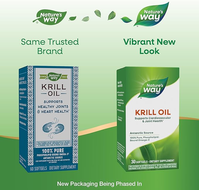 Nature's Way Krill Oil, Supports Cardiovascular and Joint Health*, 100% Pure Omega-3, 30 Softgels (Packaging May Vary)
