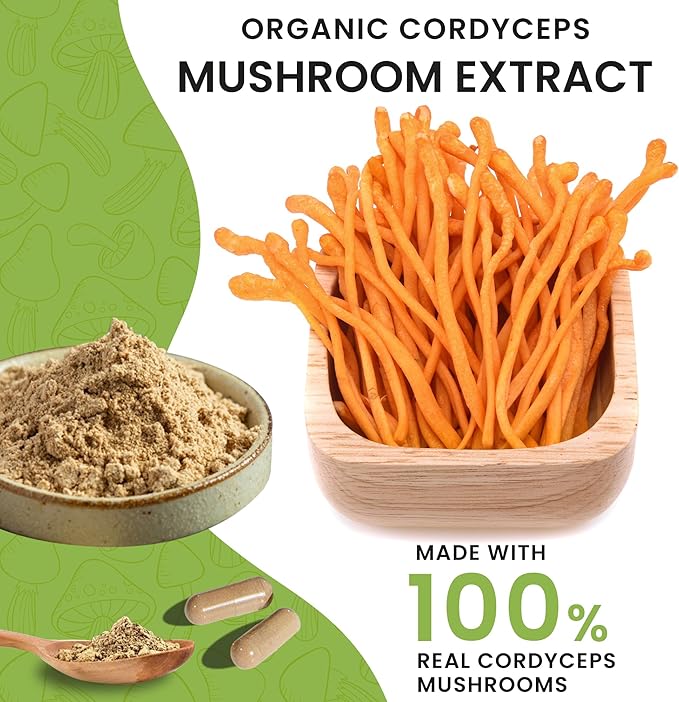 Organic Cordyceps Mushroom Capsules Supplement - 1000mg Cordyceps Militaris Extract - 100% Natural, Real & Pure - Beta-Glucan - Herbal Support for Energy-Boosting & Immune Health - 60 Capsules