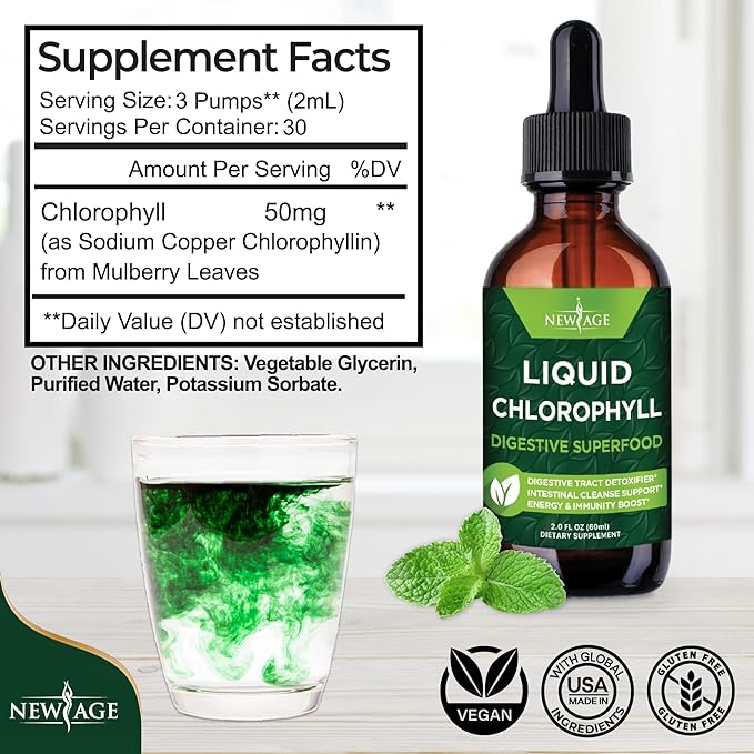 NEW AGE Chlorophyll Liquid Drops - Natural Concentrate – Energy Booster, Digestion and Immune System Supports, Internal Deodorant, Liver Function - (2 Fl Oz (Pack of 2))