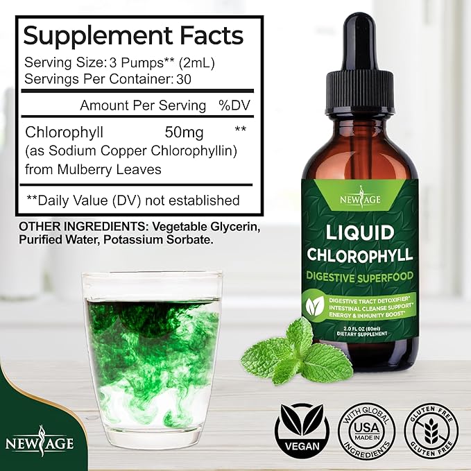 NEW AGE Chlorophyll Liquid Drops - Natural Concentrate – Energy Booster, Digestion and Immune System Supports, Internal Deodorant, Liver Function - (2 Fl Oz (Pack of 4))