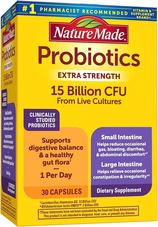 Nature Made Digestive Probiotics Advanced Dual Action, Probiotics for Women and Men, 30 Probiotic Capsules, 30 Day Supply