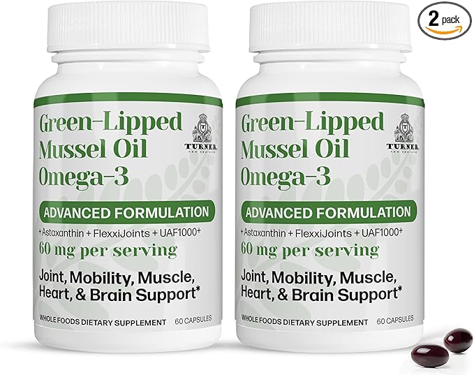 TURNER New Zealand Green Lipped Omega-3 Mussel Oil, 53x Higher Potency with UAF1000+ Super Antioxidant for Superior Joint Comfort & Mobility, No Fishy Aftertaste, 2 Bottles, 120 Softgels