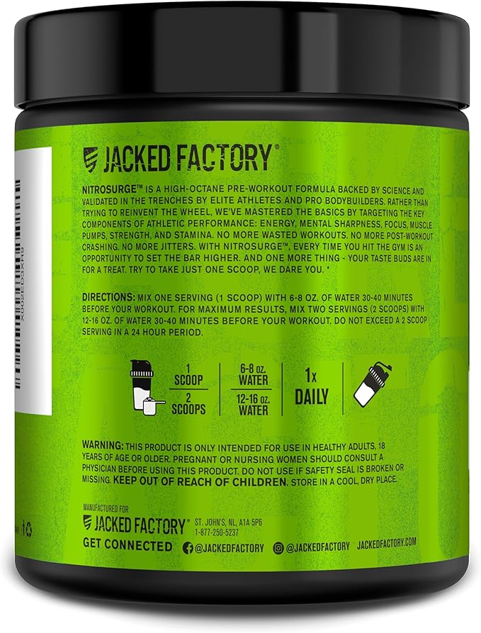 Jacked Factory NITROSURGE Pre Workout Supplement - Endless Energy, Instant Strength Gains, Clear Focus, Intense Pumps - NO Booster & Powerful Preworkout Energy Powder - 30 Servings, Arctic White