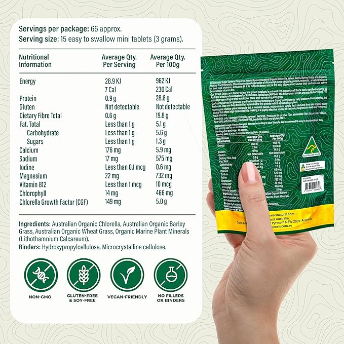 BIOGENESIS Australian Organic SuperGreens Plus Chlorella, Barley Grass, Wheat Grass, Marine Plant Minerals Australia, Tablets (200 mg) (1000 Count)