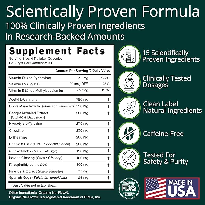 Brain Supplement (120 Capsules) | Memory, Mental Clarity, Focus, Cognitive Performance | Nootropic Supplement with L-Theanine, Acetyl L-Carnitine, Phosphatidylserine, Lion's Mane & More
