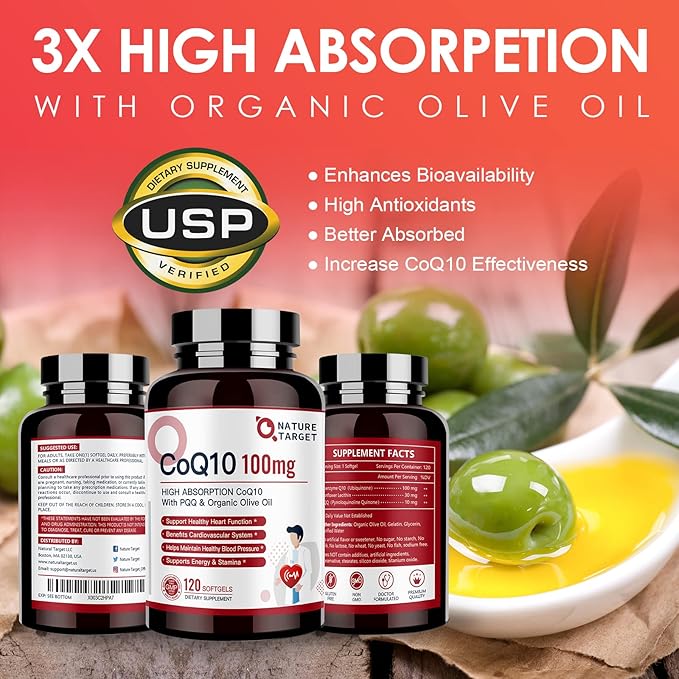 NATURE TARGET CoQ10-100mg-Softgels with 10mg PQQ - High Absorption Coenzyme-Q10 with Organic-Olive-Oil - Antioxidant for Heart & Brain Health, Cellular-Energy-Production, 120 Servings
