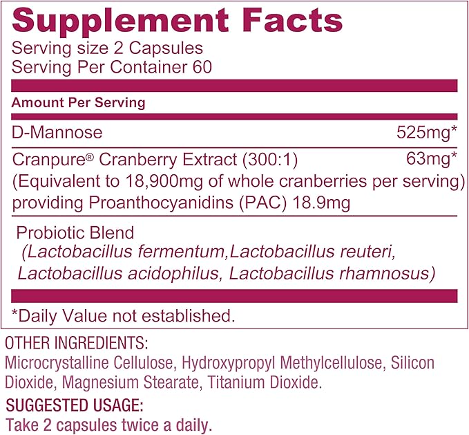 Lovita Women's Care Supplement with D-Mannose, Cranberry & Probiotics - Supports Urinary Tract Health, 120 Vegetarian Capsules