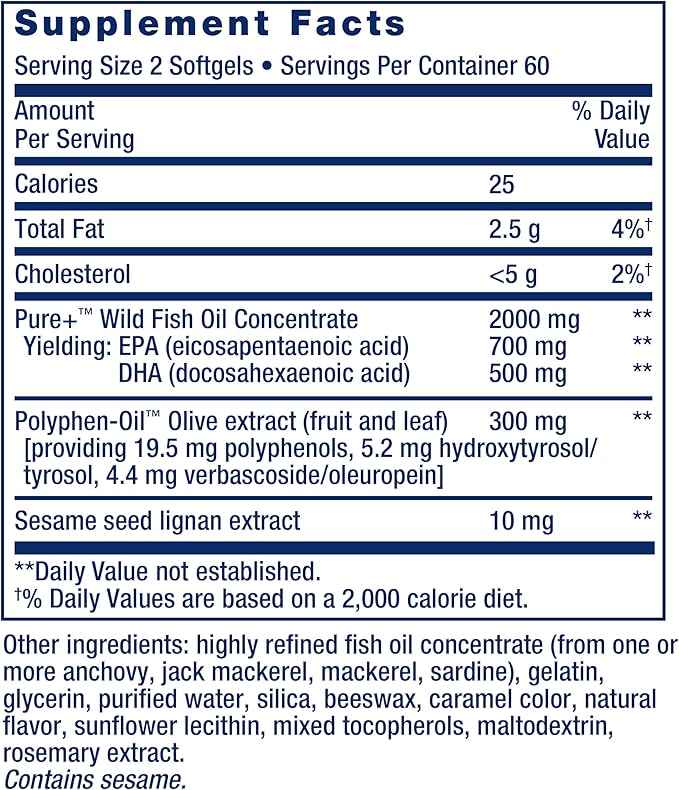 Super Omega-3 EPA/DHA Fish Oil, Sesame Lignans & Olive Extract - For Heart & Brain Health – For Inflammation & Cholesterol Management – Gluten-Free, Non-GMO – Lemon Flavor 120 Softgels