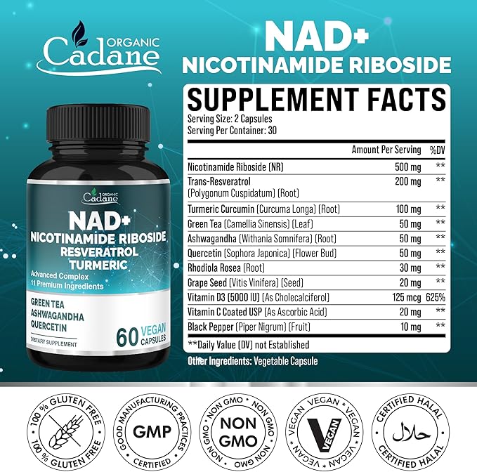 Organic Cadane 11-in-1 Nicotinamide Riboside Supplement with Trans-Resveratrol, Turmeric Curcumin & 8 More | Cellular Wellness Support | Vegan, Non-GMO – 60 Capsules for 30 Days