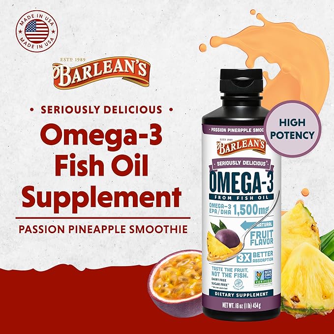 Barlean's Passion Pineapple High Potency Omega 3 Fish Oil Liquid Supplement, 1500mg EPA & DHA Fatty Acid, Smoothie Flavored & Burpless for Brain, Joint, & Heart Health, 16 oz