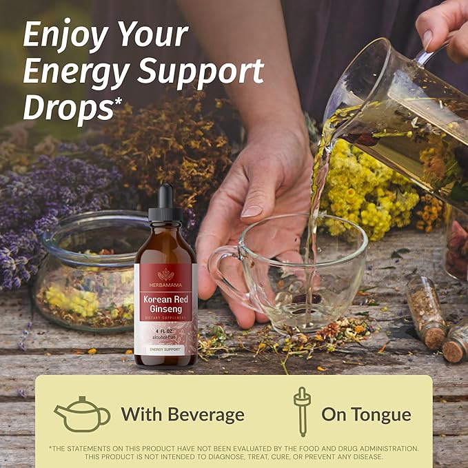 HERBAMAMA Korean Panax Ginseng Root Tincture - Vegan Red Ginseng Extract Liquid Drops for Energy Support - Non-GMO, Alcohol & Sugar-Free Immune Support Supplement, 56-Day Supply