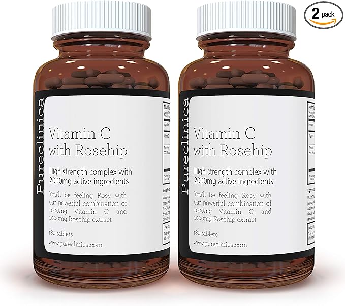 pureclinica Vitamin C with Rosehip – 2000mg (1000mg VIT C & 1000mg Rosehip Extract) x 360 Tablets – 1 Years Supply!