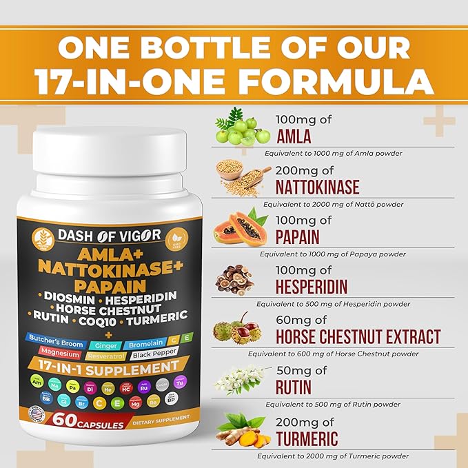 Dash of Vigor 17-in-1 Amla Extract, Papain Supplement, Nattokinase Diosmin Hesperidin Supplement, CoQ10 with Turmeric Extract, Horse Chestnut Extract, Vitamin C and Rutin, USA, 60 Capsules