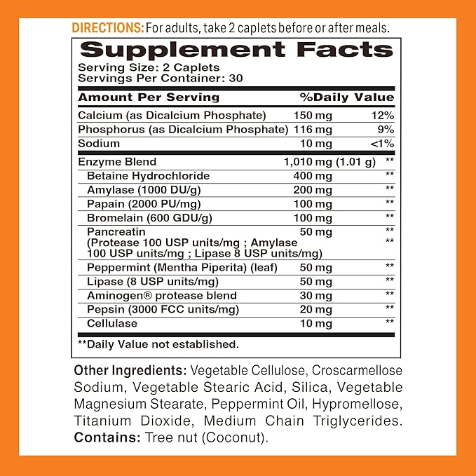 Vitamin World Digest-13 Multi-Enzyme, 1010mg Digestive Enzymes Blend with Amylase, Bromelain, Papain & Lipase for Digestion and Absorption, Digestive Enzymes for Bloating & Gas, 60 Caplets