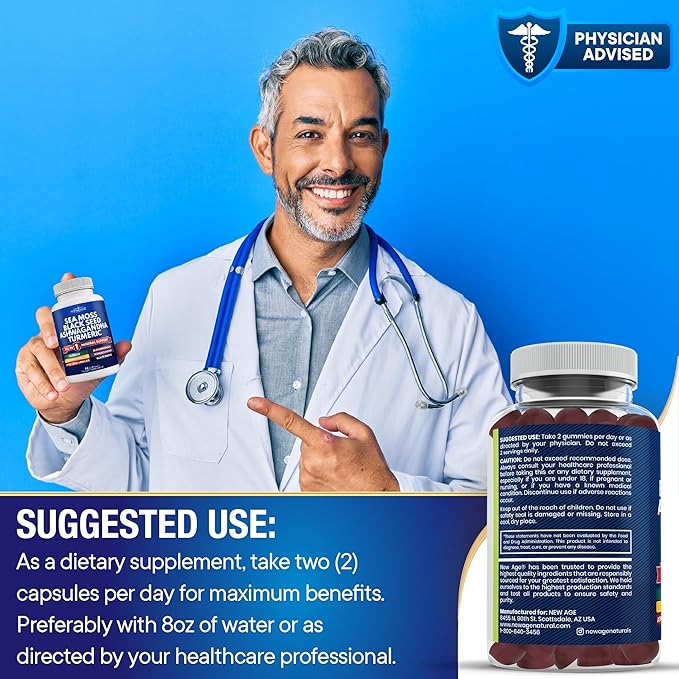 NEW AGE Sea Moss Gummies, Sea Moss, Black Seed, Ashwagandha, Turmeric, Manuka Honey, ACV, Dandelion, Black Pepper, Burdock, Bladderwrack, Vegan - 60 Count