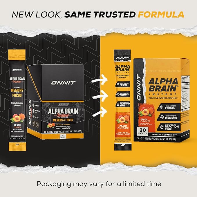ONNIT Alpha Brain Instant Peach Flavor - Nootropic Brain Booster Memory Supplement - for Focus, Energy & Clarity - Alpha GPC Choline, Cats Claw, L-Theanine, Bacopa - 30ct