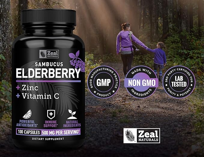 Zeal Naturals Max Strength Elderberry Capsules + Zinc + Vitamin C | 500mg for Immune System Support with Black Sambucus Elderberry | 100 Count | 3-in-1 Immune Support for Adults