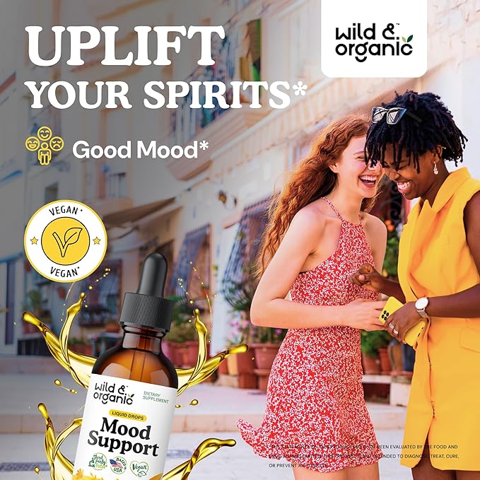 Wild & Organic Mood Support Drops - Good Mood Supplements w/Ashwagandha Root & Rhodiola Rosea - Natural Liquid Drops for Positive Energy - Calm and Relax Supplements for Women and Men - 2 oz