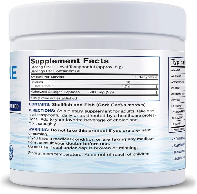 Bronson Marine Collagen Peptides Hydrolyzed Protein Powder 100% Wild Caught Nordic Cod Vitamin C Powder Pure Ascorbic Acid Soluble Fine Non GMO Crystals