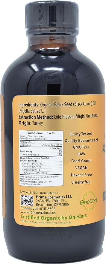 Prime Natural Organic Black Seed Oil 4oz - Cold Pressed Unrefined High Thymoquinone 1.7% USDA Certified - Turkish Origin Potent Nigella Sativa Liquid - Vegan Omega 3 6 9, Antioxidant
