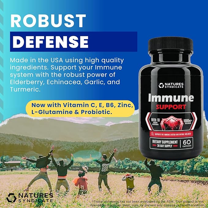 Immune Support Supplement - 10-in-1 with Echinacea, Elderberry, Garlic, Turmeric with Zinc, Vitamin C, E, B6 & L-Glutamine, 4.8 Billion CFU Probiotic for Adults