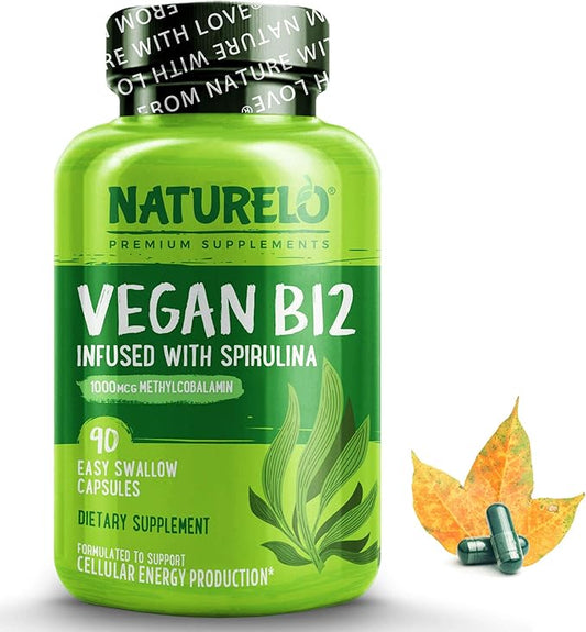 NATURELO Vegan B12 - Methyl B12 with Organic Spirulina - High Potency Vitamin B12 1000 mcg Methylcobalamin - Supports Healthy Mood, Energy, Heart & Eye Health - 90 Capsules
