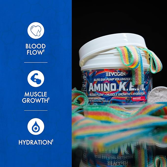 Evogen Amino K.E.M. - EAA & BCAA Powder Pump Volumizer | BCAAs Amino Acids Supplement for Blood Flow, Muscle Growth, & Hydration | Sour Candy | 30 Servings