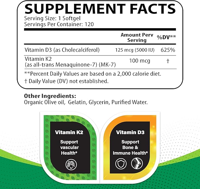 Vitamin K2 + D3 - Supports Heart, Bone & Immune Health - 100 mcg K2 (MK-7) & 5000 IU D3 - Non-GMO, Free from Gluten, Soy, & Lactose - 120 Softgels, 4-Month Supply