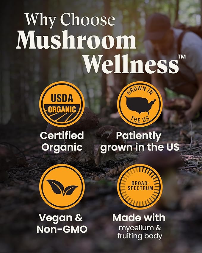 Mushroom Wellness Everyday 10: Organic 10-in-1 Mushroom Capsules with Lion's Mane, Shiitake, Reishi, Turkey Tail & More, Mushroom Powder Supplement, Immune & Nervous System Support, 90 Vegan Capsules