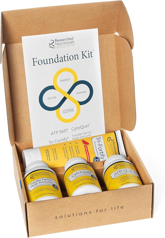 Researched Nutritionals Foundation Kit - Tri-Fortify Liposomal Glutathione (450mg) Orange, Transfer-Factor Multi Immune, ATP 360 & CytoQuel to Support Energy, Immunity, Cytokine Response & Detox