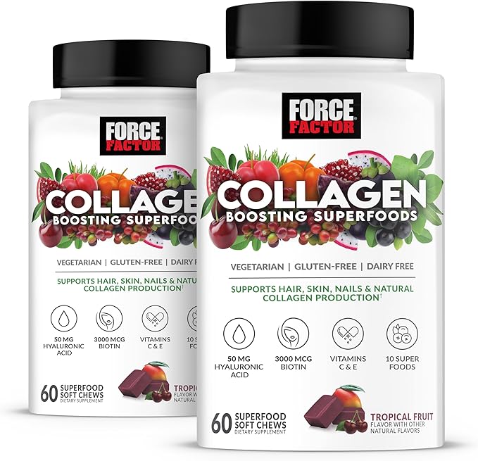 FORCE FACTOR Collagen Boosting Superfoods, Vegan Collagen Booster for Women, With Biotin, Hyaluronic Acid, and Vitamin C, For Hair, Skin, Nails, & Joint Support, Tropical Fruit, 120 Soft Chews, 2-Pack
