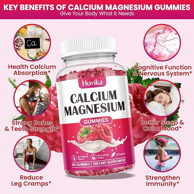 Calcium Magnesium Zinc Gummies, Calcium Magnesium 2:1 Ratio with Vitamin D3, K2, B6, B12 for Bone Strength, Muscle Function & Nerve Health, Extra Absorption Formula, Vegan, Raspberry Flavor 60 Gummies