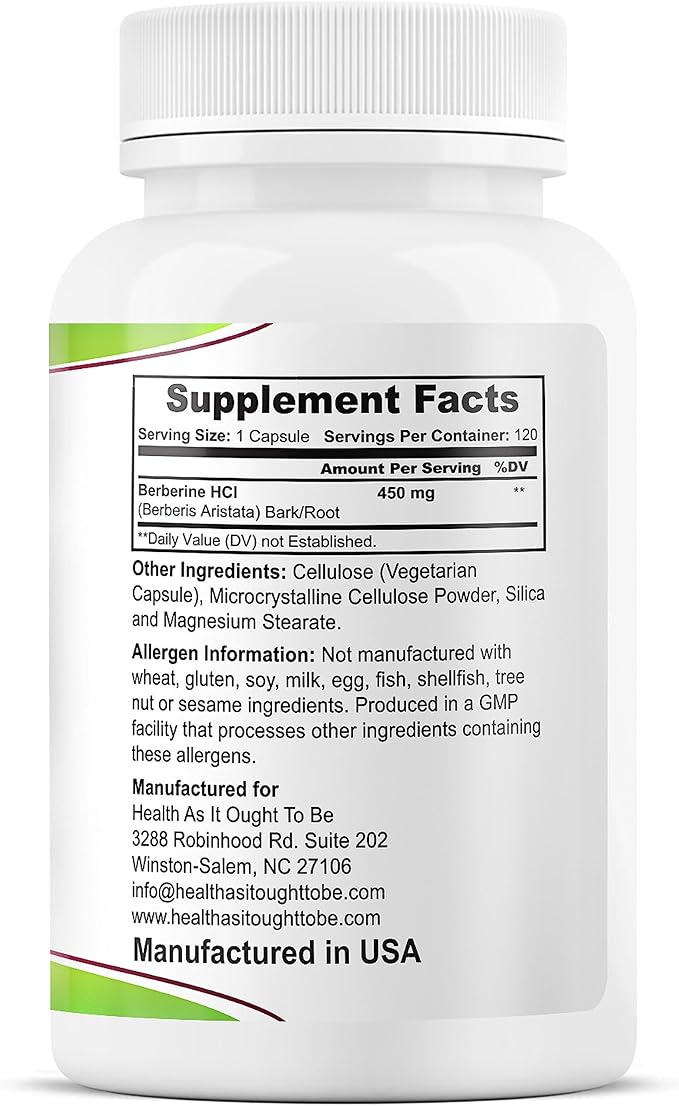 Health As It Ought To Be Fresh Berberine 450mg Supplement | Contains Only Berberine | No Preservatives | 120 Capsules