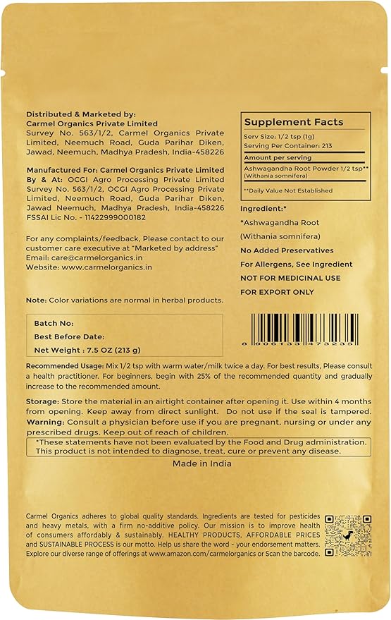 CARMEL ORGANICS Ashwagandha Root Powder 7.5 Ounce, Non GMO & Gluten Free, Natural, Withania Somnifera from India, No Added Presrvatives