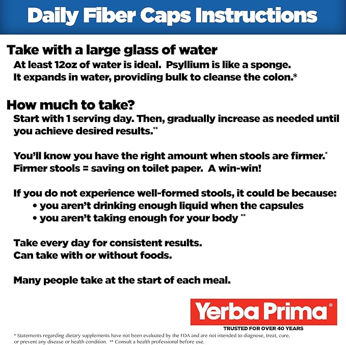 Yerba Prima Daily Fiber Caps - 180 Capsules - Soluble & Insoluble Dietary Fiber Supplement - Colon Cleanse - Gut Health - Vegan, Non-GMO, Gluten-Free