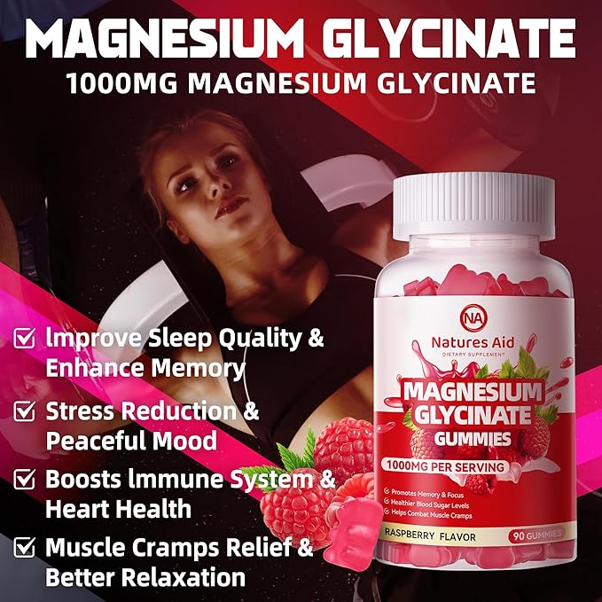 Magnesium Glycinate Gummies 1000mg - Sugar Free Magnesium Potassium Supplement with Vitamin D, B6, CoQ10 for Calm Mood & Sleep Support - 90 Raspberry Gummies.