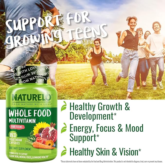 NATURELO Teen Multivitamin - Whole Food Multivitamin - with Minerals for Teenage Boys & Girls - Supplement for Active Kids - Non-GMO - Vegan & Vegetarian - 180 Capsules