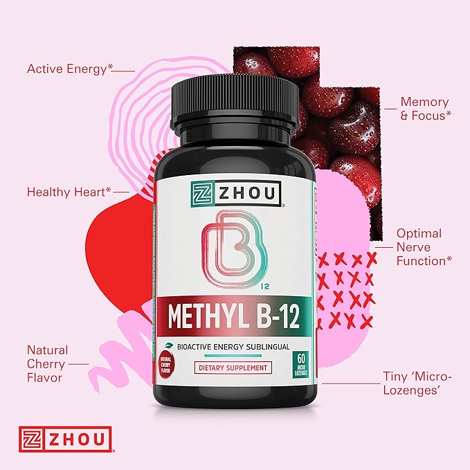 Zhou Methyl B12 - Methyl B-12 Supplement for Women & Men, Vitamin B12 5000 mcg, Vegan Friendly, Cellular Energy and Nerve Function Support, Methylcobalamin - 60 Micro Lozenges