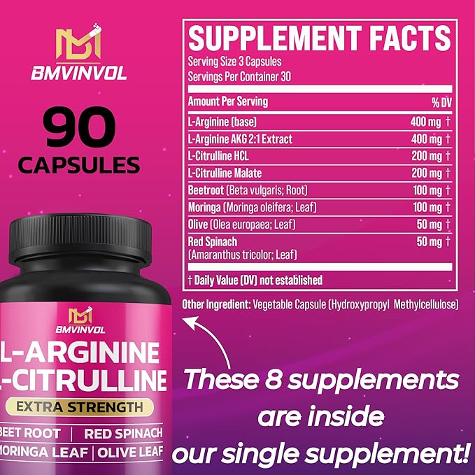BMVINVOL L Arginine L Citrulline Supplement Plus Beet Root, Moringa, Olive, Red Spinach for Support Energy Levels - 90 Capsules
