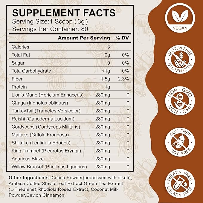 Mushroom Coffee Powder Organic (80 Servings) Instant Coffee Natural Ingredients - Lion's Mane, Cordyceps, Reishi, Chaga Mushrooms Powder Supplement Better Focus and Immunity, Gut Digestion