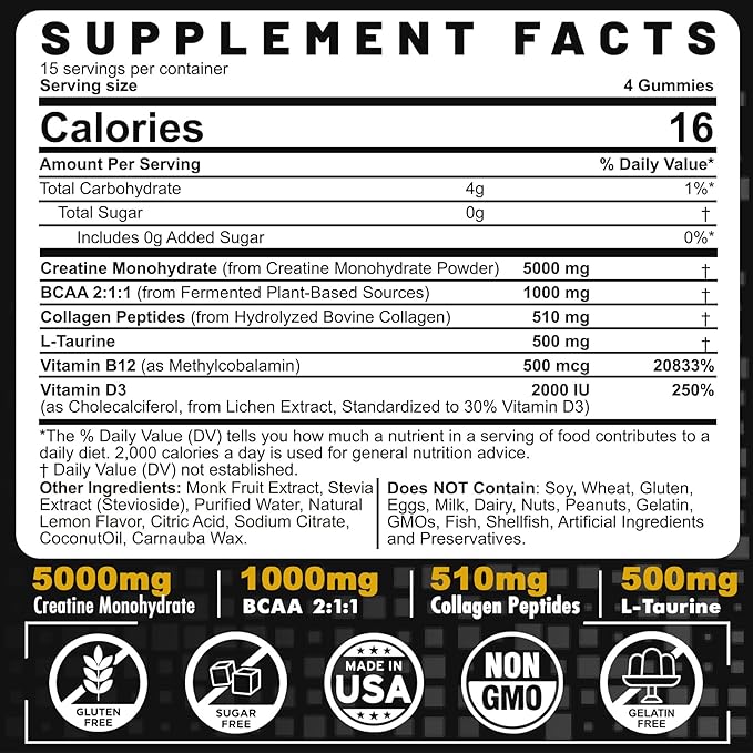 Men's & Women's Creatine Monohydrate Gummies Complex, 6-in-1 Chewable Pre-Workout Creatine with BCAA, Collagen Peptides, L-Taurine, 30 Servings, Natural Lemon Flavor - 60 Count (Pack of 2)