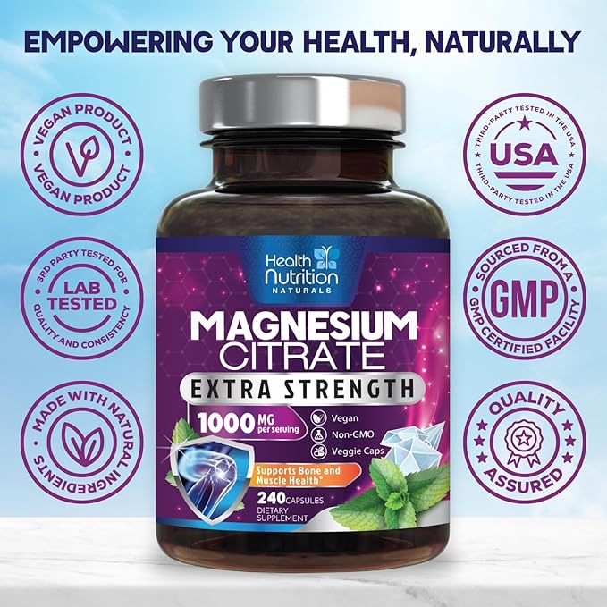 Magnesium Citrate Capsules 1000mg - Max Absorption Magnesium Powder for Muscle, Nerve, Bone and Heart Health Support, High Absorption Citrate Complex, Gluten Free, Non-GMO - 240 Capsules