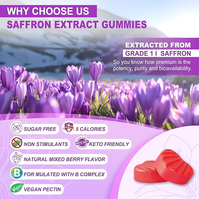 NEVISS Saffron Gummies - Saffron Supplement 100% Pure Saffron Extract Whole Herb Gummies with Honey for Mood & Power, Vitamin B6, B12, D3, C - Sugar Free - Organic, Vegan, Mixed Berry Flavor - 60Cts
