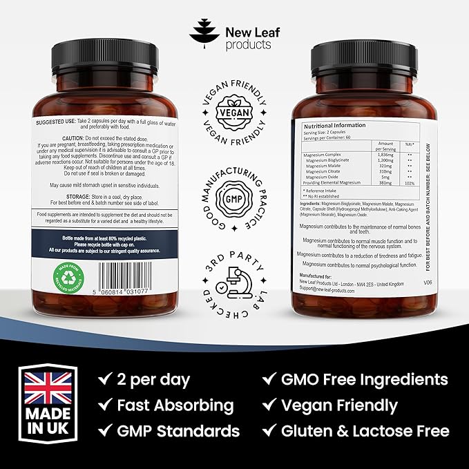 Magnesium Glycinate 4-in-1 Complex 2000mg - 449mg Elemental Magnesium High Strength Magnesium Supplements - Magnesium Bisglycinate,Citrate, Malate, Oxide - 120 Capsules - Vegan UK Made by New Leaf