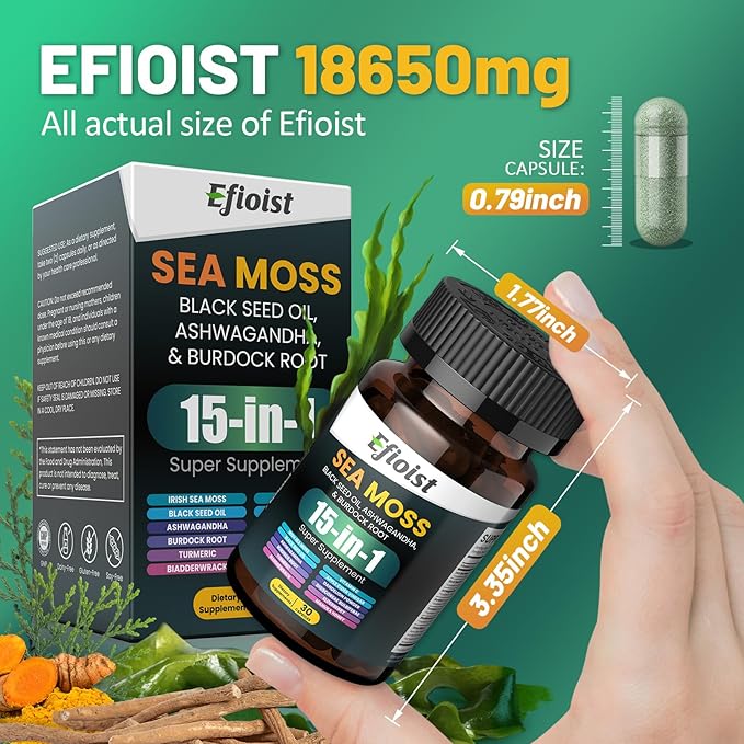 Sea Moss Black Seed Oil Ashwagandha Ginger & Burdock Root Turmeric Bladderwrack Chlorophyll ACV Supplement 30 Count