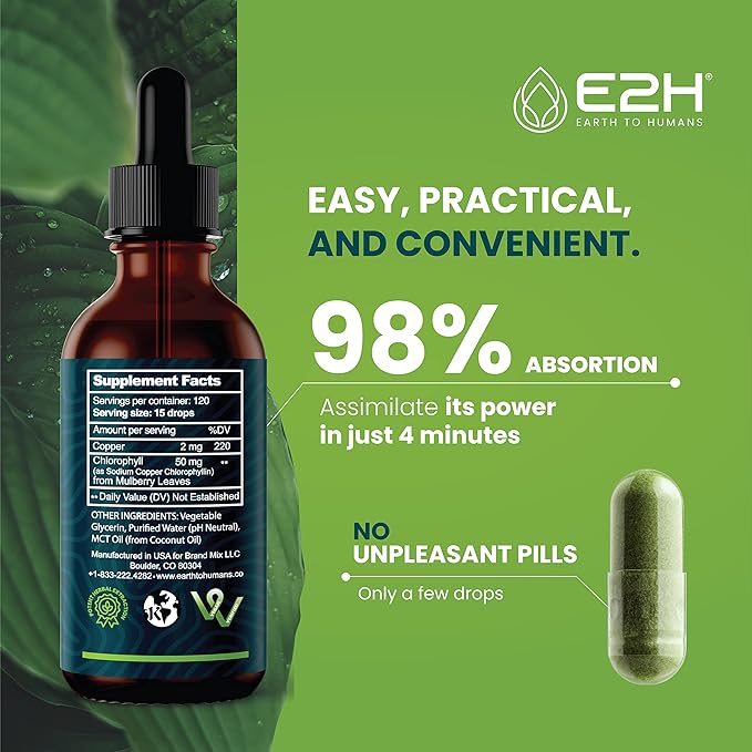 E2H Chlorophyll Liquid Drops - Natural Energy Booster, Immune System Support, Digestion and Skin Care Supplement - Vegan - Gluten Free - Non-GMO - (3 Bottles)