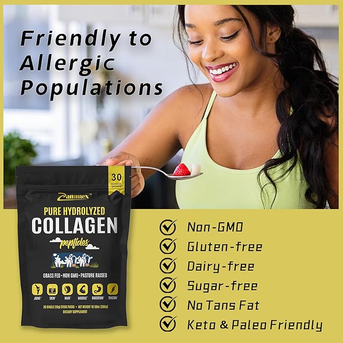 Zammex Premium Collagen Peptides Powder, 30 Sticks Travel Packets(Type I, III), Unflavored Collagen Protein Powder to Go, Hydrolyzed Collagen Peptide for Skin Hair Nail Joint, 10g per Serving