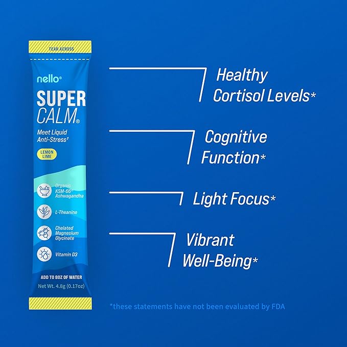 Supercalm Drink Mix - Ashwagandha KSM 66, Magnesium Glycinate & L-Theanine Supplement, Vitamin D3 - Ashwagandha Root Extract - Focus and Relaxation Support (20 Travel Packets) - Lemon Lime